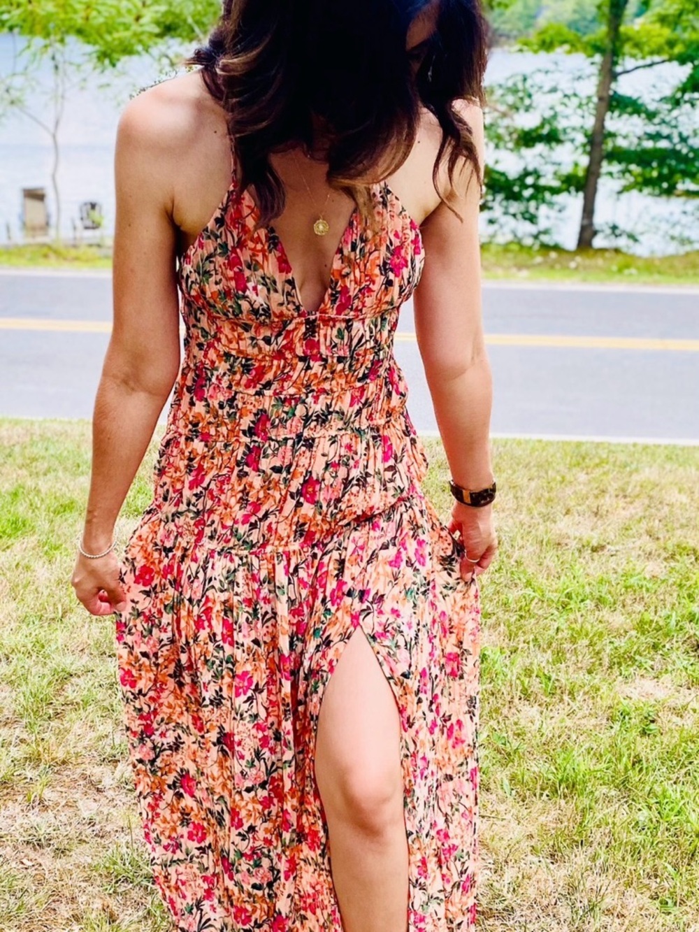 Astr the Label: Peach Floral V-Neck Maxi Dress with Front Slit